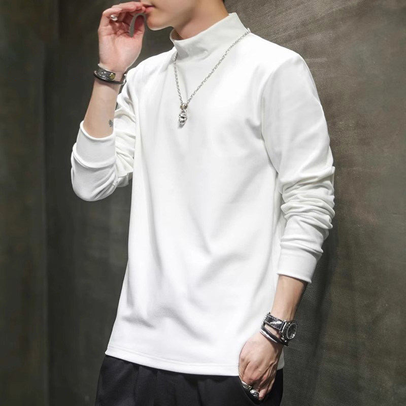 2025新款德绒长袖t恤男士卫衣春秋季半高领打底衫男装秋冬内搭T恤