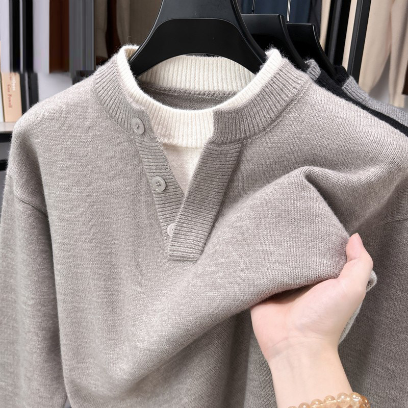 2025毛衣男款时尚宽松假两件领秋冬季休闲加厚针织衫男装外套潮流