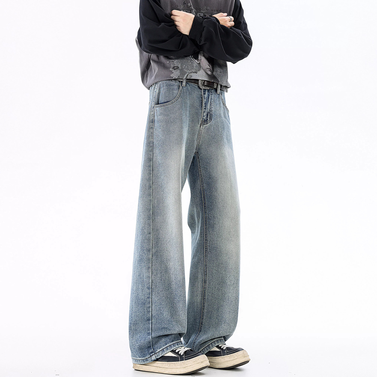 秋冬季新款2026男士加绒牛仔裤宽松直筒裤皮带纽扣款高街牛仔裤男