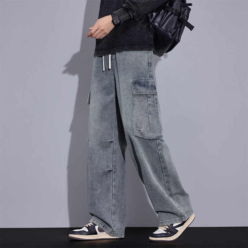 秋冬加厚保暖牛仔裤男士直筒宽松青年大码磨白抽绳工装裤子男生潮