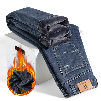 秋冬款加绒加厚宽松直筒弹力牛仔裤男款商务休闲大码裤子男士冬季