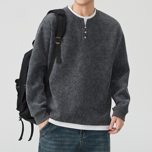 2025秋冬季休闲假两件男士卫衣亨利领拼接百搭新款复古男长袖卫衣
