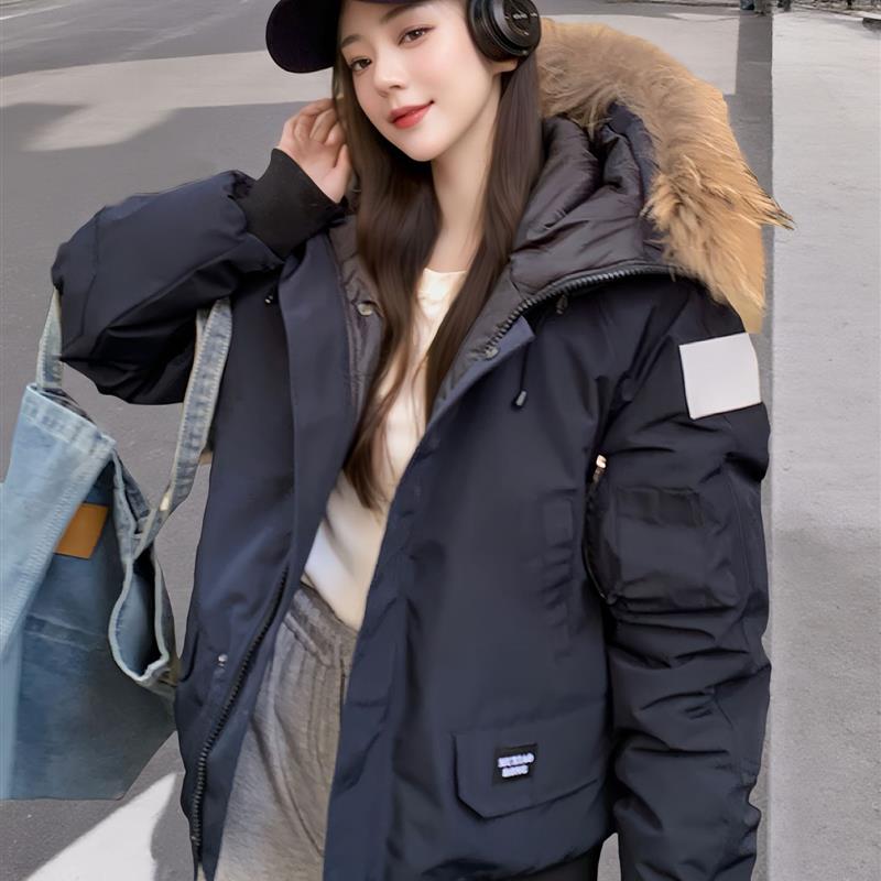 欧美飞行夹克情侣工装羽绒服女2025冬季新款大毛领极寒加厚派克服