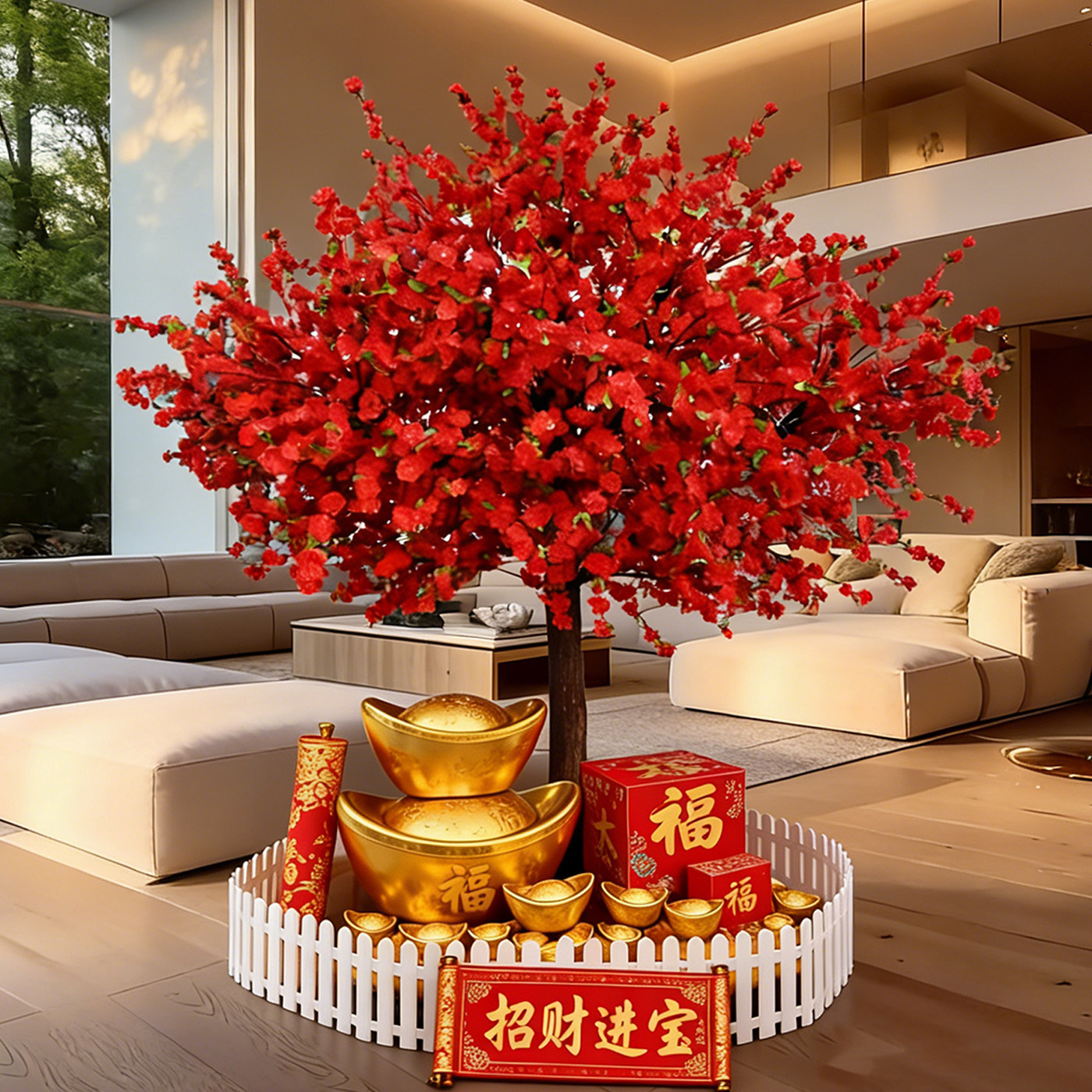 新年氛围布置装饰仿真桃花树大型商场树祈福红包假许愿树室内造景