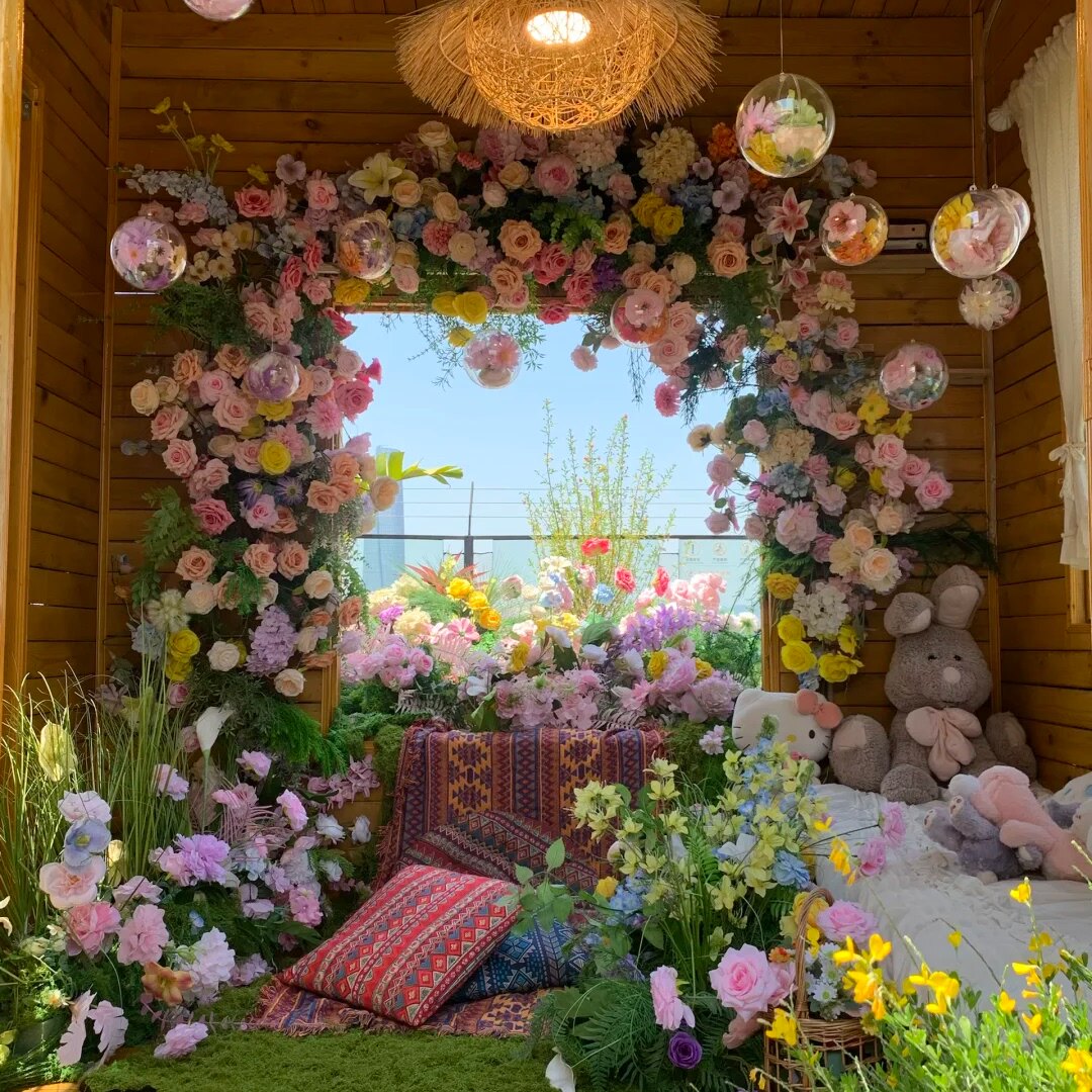 莫奈花园造景瀑布仿真花之窗瀑布婚礼布置拱门打卡网红门店橱窗