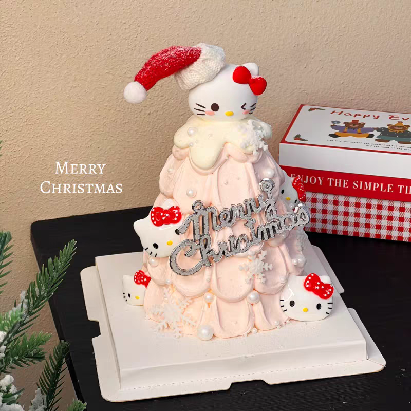 2025圣诞帽kt猫摆件圣诞快乐插牌圣诞节hellokitty许愿树蛋糕装饰