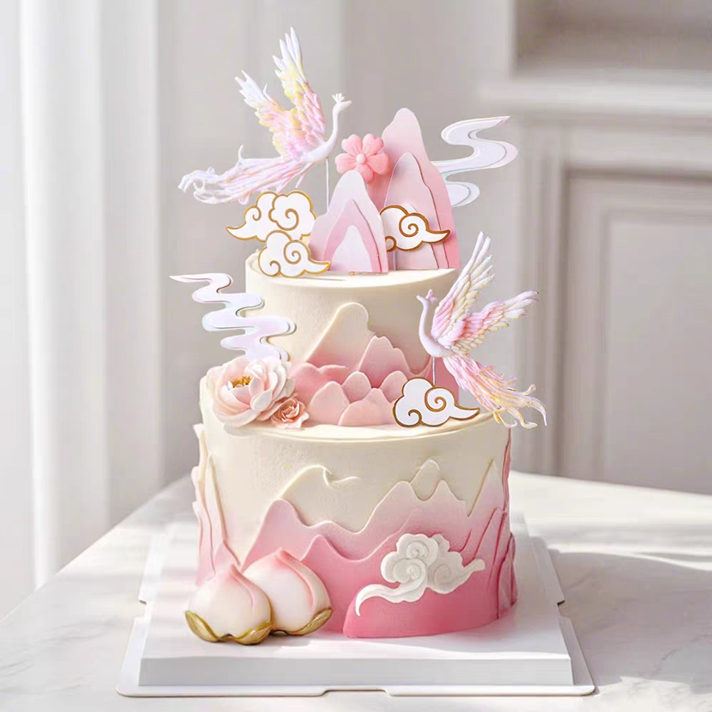 网红古风山水中式仙鹤凤凰妈妈奶奶生日祝寿插件烘焙蛋糕装饰摆件