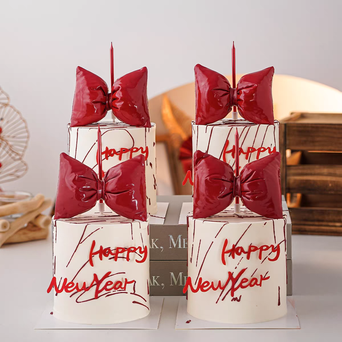 2026新年跨年马年皮质立体蝴蝶结丝带装扮插件蛋糕装饰亚克力摆件