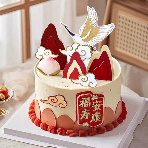 国风喜庆中式福寿安康仙鹤金鱼寿宴插件网红祝寿生日蛋糕装饰摆件