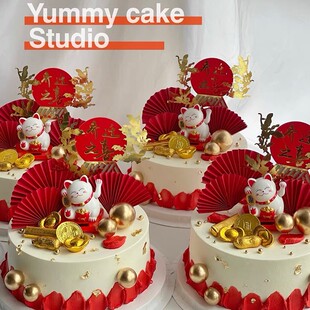 蛋糕装饰摆件红色招财猫金色钱袋插件进宅大吉乔迁之喜搬家新屋