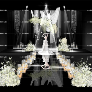 白绿色手绘花艺小众韩式婚礼效果图纱幔蜡烛筒灯psd分层设计素材