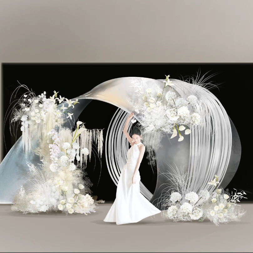 原创婚礼纱幔波浪造型背景装饰花艺设计素材浪漫风-1284