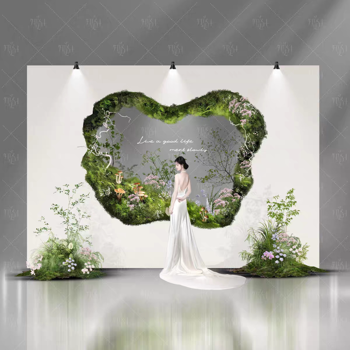 婚礼镂空苔藓墙面花艺素材小众婚礼效果图素材psd分层文件