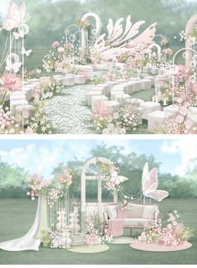 o234白绿粉户外婚礼效果图ps源文件梦幻爱丽丝婚礼粉色婚礼效果图