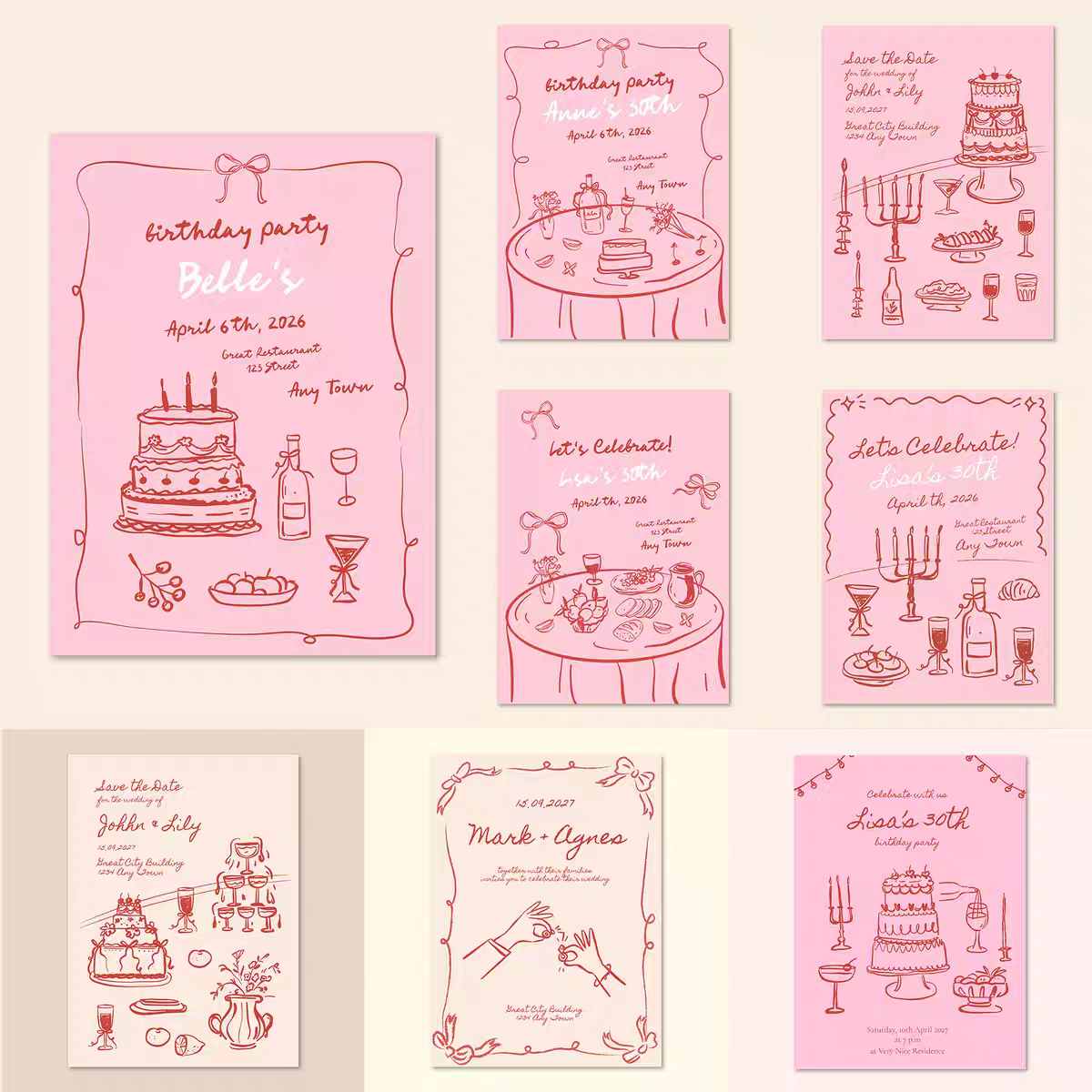 涂鸦手绘风线描蛋糕生日派对求婚婚礼海报婚礼迎宾海报AI菜单素材