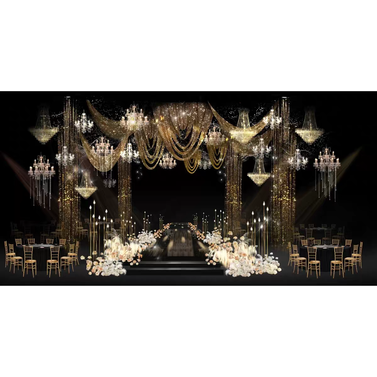 香槟色金色花艺老钱风婚礼效果图舞台水晶吊顶设计布幔psd素材