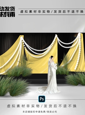 h672韩式黄色香槟色小预算小众布幔珍珠婚礼效果图ps文件珍珠串