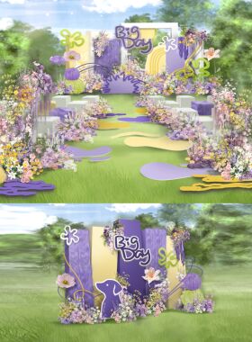 O300黄紫色童趣婚礼户外效果图psd分层文件毛绒卡通婚礼