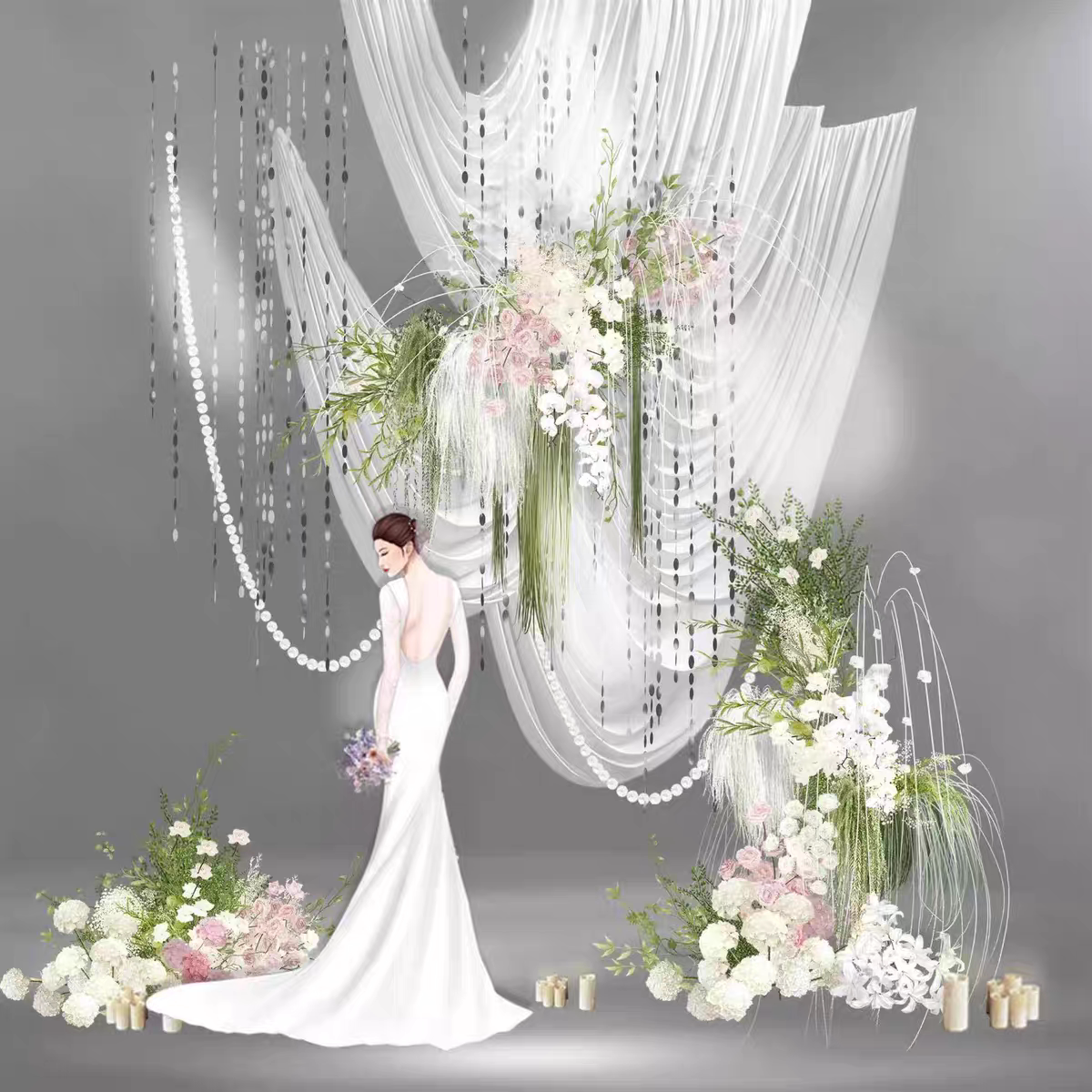白绿色粉色白色纱幔弧形吊顶线帘婚礼布置小景效果图psd素材