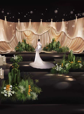 C65韩式布幔小众婚礼效果图韩式绿植婚礼效果图绿色自然花艺素材