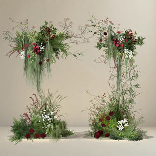 婚礼素材PSD红绿色花艺圣诞橱窗美陈松枝花艺分层素材玫红绿花艺