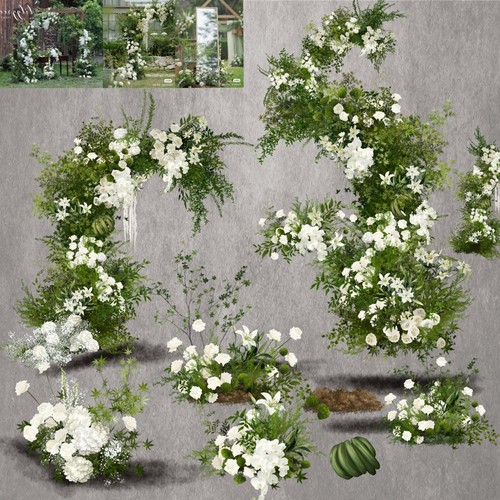 h387韩式婚礼花艺素材白绿色花艺设计psd分层文件野生感水果花艺