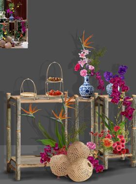 b374新中式婚礼效果图psd分层文件竹编婚礼甜品台展示区素材