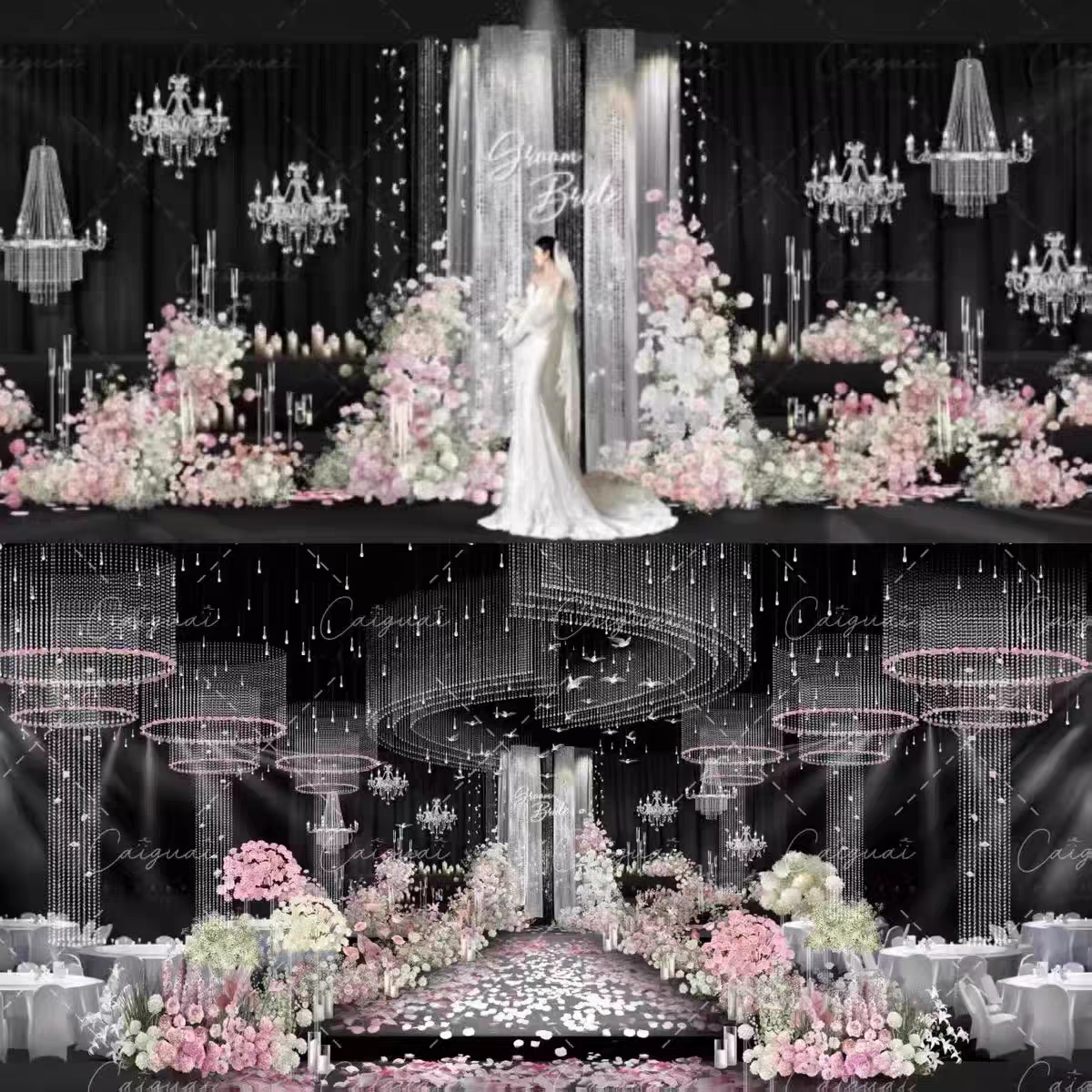 韩式秀场风粉白色婚礼舞台手绘花艺水晶灯设计素材psd效果图