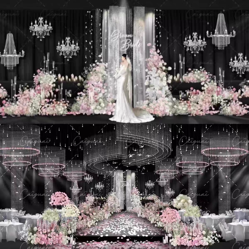 韩式秀场风粉白色婚礼舞台手绘花艺水晶灯设计素材psd效果图