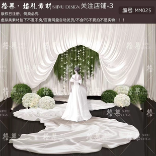 拾慕25香槟白色布幔婚礼效果图百合花串白绿色花球花艺婚礼素材