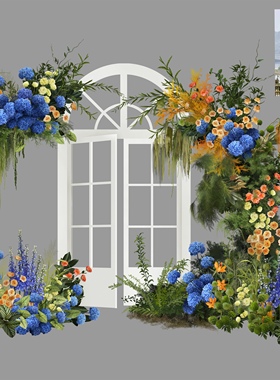 h034橙蓝色婚礼花艺psd源文件户外蓝色婚礼迎宾区婚礼拱窗户外