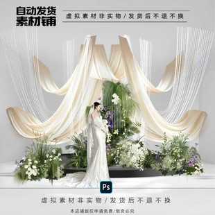 h612白绿色米色韩式 布幔婚礼效果图psd文件白绿色花艺水晶灯素材