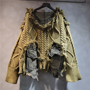 摩登女装时尚潮酷个性洋气麻花编织拼接牛仔圆领长袖短装毛衣女20