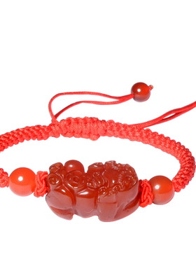 天然红玛瑙貔恘红绳手链