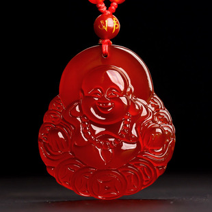 天然红玛瑙五帝钱弥勒佛吊坠男款笑佛项链本命年情侣水晶女士挂件