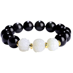 和田玉黑曜石手串三合生肖手链女属猴鼠龙本命年红绳礼物男转运珠