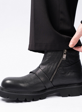复古哑光马丁靴男真皮高帮皮靴秋冬季英伦厚底增高拉链黑色短靴潮