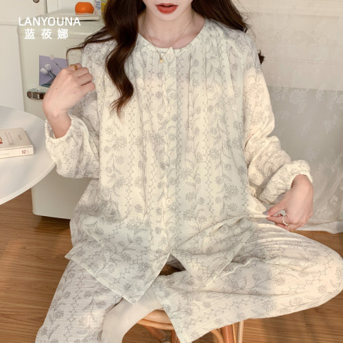 蓝莜娜纯棉纱布春夏季吸汗月子服