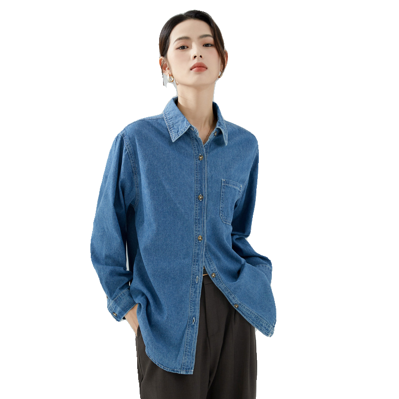 DEBRAND春季衬衫女港风复古时尚长袖衬衣chic款纯棉女款牛仔衬衫
