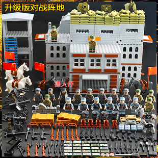 军事大型场景炮击阵地废墟监狱拼装武器装备二战士兵人仔玩具积木