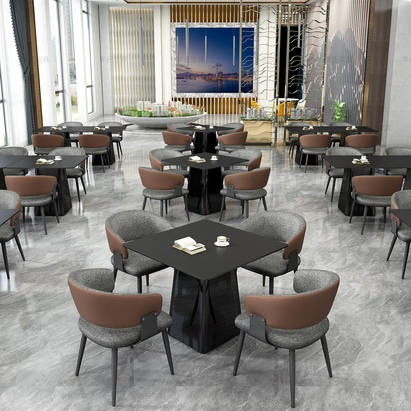 正方形岩板餐桌高级酒店自助餐厅商用会所接待桌椅组合家用饭圆桌