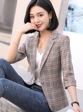 格子小西装外套女2024夏新款休闲复古韩版中袖小个子网红西服上衣