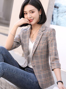 格子中袖小西装外套女