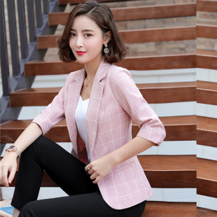 网红小西装女2022春秋季新款短外套英伦风格子薄款修身韩版上衣女