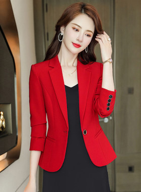 红色小西装外套女装休闲修身秋季新英伦风通勤短款一粒扣长袖上衣