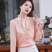 雪纺白衬衣洋气高级感上衣 气质荷叶边长袖 粉色衬衫 女2025早春新款