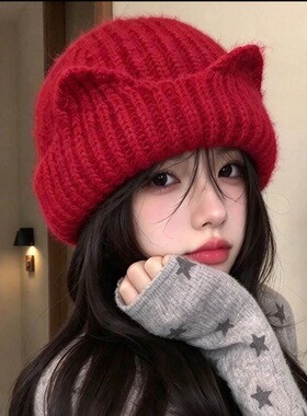 2026秋冬新款猫耳朵针织帽子女甜美可爱保暖护耳包头帽大头围冷帽
