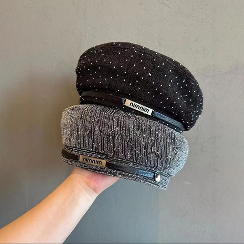 新款高级显脸小闪钻满天星大头围贝雷帽女秋冬时尚复古百搭画家帽