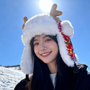 可爱鹿角雷锋帽男女东北大花毛绒帽子秋冬季骑车防风保暖护耳棉帽