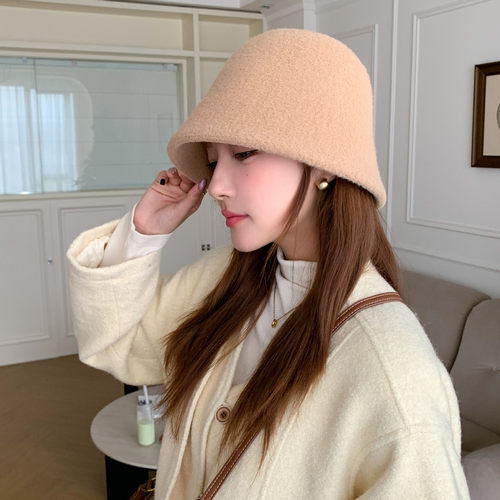 冬季毛绒保暖护耳帽子女日系百搭拼色水桶盆帽高品质显脸小渔夫帽